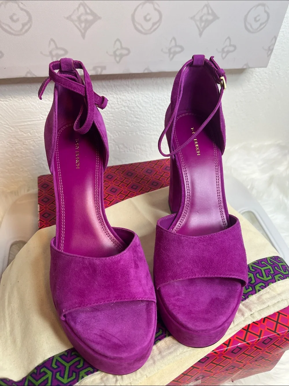 Tory Burch Fuchsia Suede Platform Block Heel Sandals